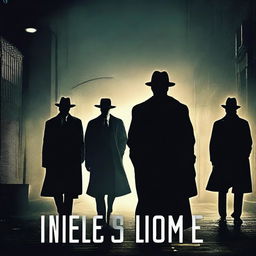 A captivating crime drama movie poster featuring a dark cityscape at night, with shadowy figures in trench coats and fedoras