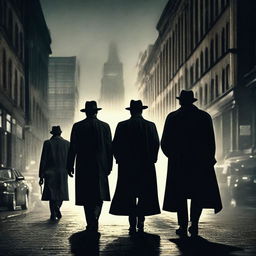 A captivating crime drama movie poster featuring a dark cityscape at night, with shadowy figures in trench coats and fedoras