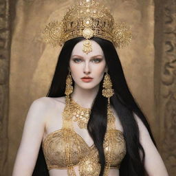 A tall woman with pale skin and long black hair, adorned in divine goddess attire with gold jewelry decorating every part of her.