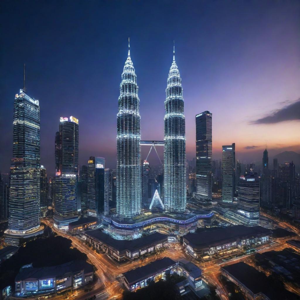 Malaysia reimagined with an electropunk influence, where the iconic Petronas Towers are adorned with neon lights, traditional batiks transition into digital displays, and cityscapes pulsate with high-energy electrical aesthetics.