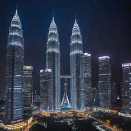 Malaysia reimagined with an electropunk influence, where the iconic Petronas Towers are adorned with neon lights, traditional batiks transition into digital displays, and cityscapes pulsate with high-energy electrical aesthetics.