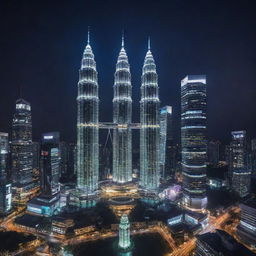 Malaysia reimagined with an electropunk influence, where the iconic Petronas Towers are adorned with neon lights, traditional batiks transition into digital displays, and cityscapes pulsate with high-energy electrical aesthetics.