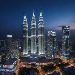 Malaysia reimagined with an electropunk influence, where the iconic Petronas Towers are adorned with neon lights, traditional batiks transition into digital displays, and cityscapes pulsate with high-energy electrical aesthetics.