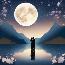 A beautiful love story scene featuring a couple holding hands under a starry night sky, with a gentle breeze and a full moon illuminating their faces