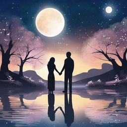 A beautiful love story scene featuring a couple holding hands under a starry night sky, with a gentle breeze and a full moon illuminating their faces