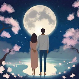 A beautiful love story scene featuring a couple holding hands under a starry night sky, with a gentle breeze and a full moon illuminating their faces