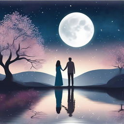 A beautiful love story scene featuring a couple holding hands under a starry night sky, with a gentle breeze and a full moon illuminating their faces