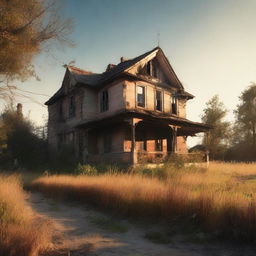 An evocative scene titled 'Echoes of Yesterday' featuring an old, abandoned house surrounded by overgrown vegetation