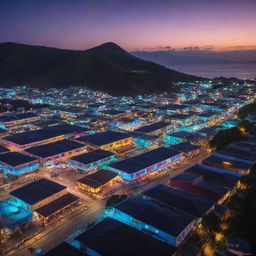 Imagining Timor-Leste in an electropunk vibe; traditional Timorese elements fused with neon lights, its local culture amplified with futuristic tech, and the tranquil coastal towns buzzing with digital energy.