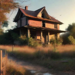 An evocative scene titled 'Echoes of Yesterday' featuring an old, abandoned house surrounded by overgrown vegetation