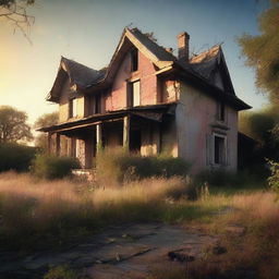 An evocative scene titled 'Echoes of Yesterday' featuring an old, abandoned house surrounded by overgrown vegetation