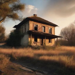 An evocative scene titled 'Echoes of Yesterday' featuring an old, abandoned house surrounded by overgrown vegetation