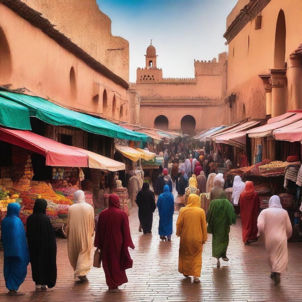 A vibrant and bustling street scene in Marrakech, Morocco