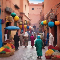 A vibrant and bustling street scene in Marrakech, Morocco