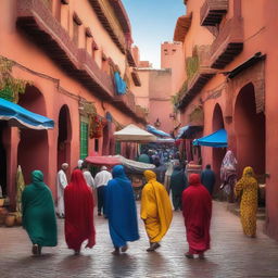 A vibrant and bustling street scene in Marrakech, Morocco