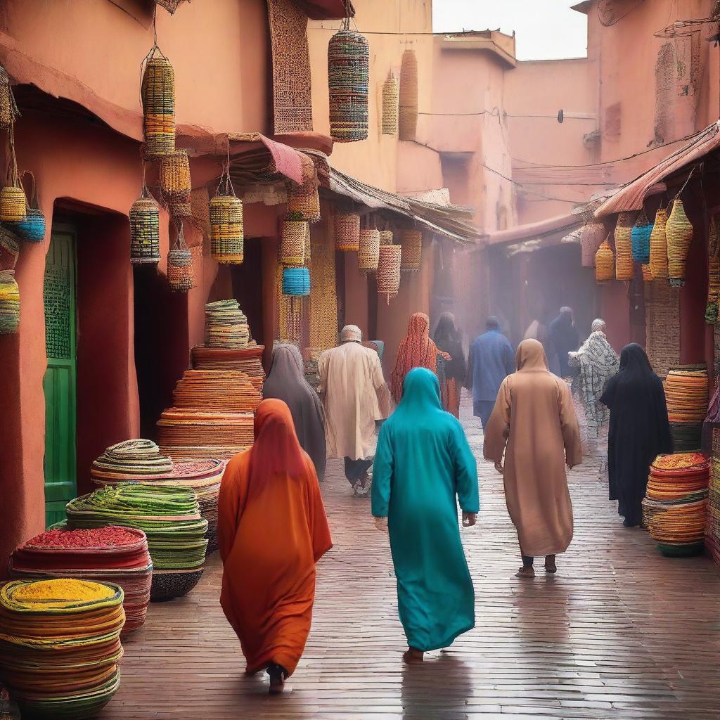 A vibrant and bustling street scene in Marrakech, Morocco