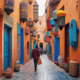 A vibrant and detailed scene of someone exploring the legendary alleys of Morocco