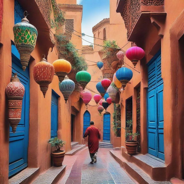 A vibrant and detailed scene of someone exploring the legendary alleys of Morocco