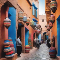 A vibrant and detailed scene of someone exploring the legendary alleys of Morocco