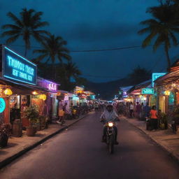 Imagining Timor-Leste in an electropunk vibe; traditional Timorese elements fused with neon lights, its local culture amplified with futuristic tech, and the tranquil coastal towns buzzing with digital energy.