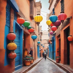 A vibrant and detailed scene of someone exploring the legendary alleys of Morocco