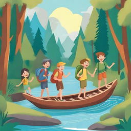 A book cover illustration depicting an adventurous journey of four friends