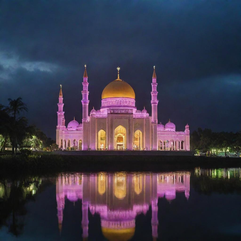 Reimagining Brunei Darussalam in an electropunk makeover, where the majestic Sultan Omar Ali Saifuddien Mosque pulses with neon lights, water villages shine with electric vitality, and lush jungles twinkle with technicolor biomimicry.