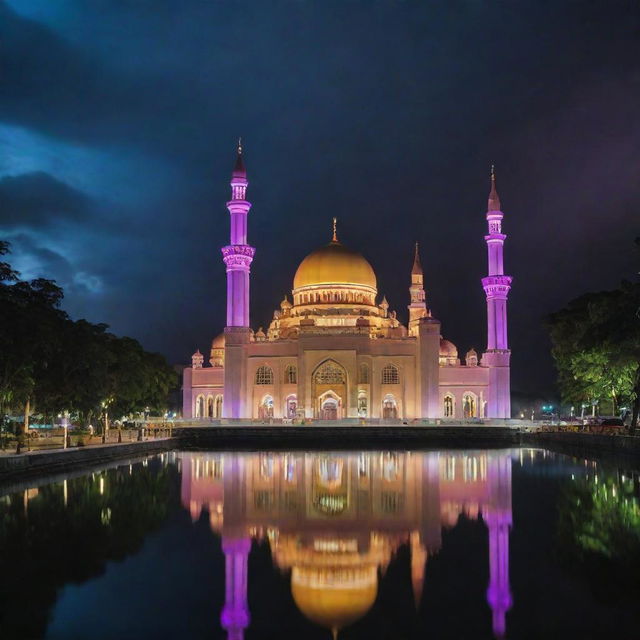 Reimagining Brunei Darussalam in an electropunk makeover, where the majestic Sultan Omar Ali Saifuddien Mosque pulses with neon lights, water villages shine with electric vitality, and lush jungles twinkle with technicolor biomimicry.