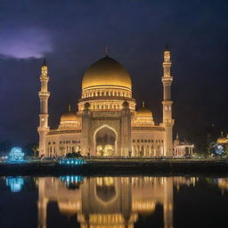 Reimagining Brunei Darussalam in an electropunk makeover, where the majestic Sultan Omar Ali Saifuddien Mosque pulses with neon lights, water villages shine with electric vitality, and lush jungles twinkle with technicolor biomimicry.