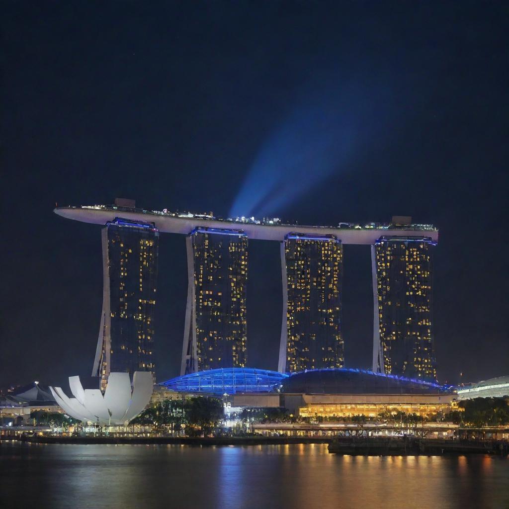 Singapore envisaged with an electropunk influence, where the skyline is ablaze with neon lights, iconic structures like Marina Bay Sands pulsate with vibrant energy, and the clean streets carry an undercurrent of electric vitality.