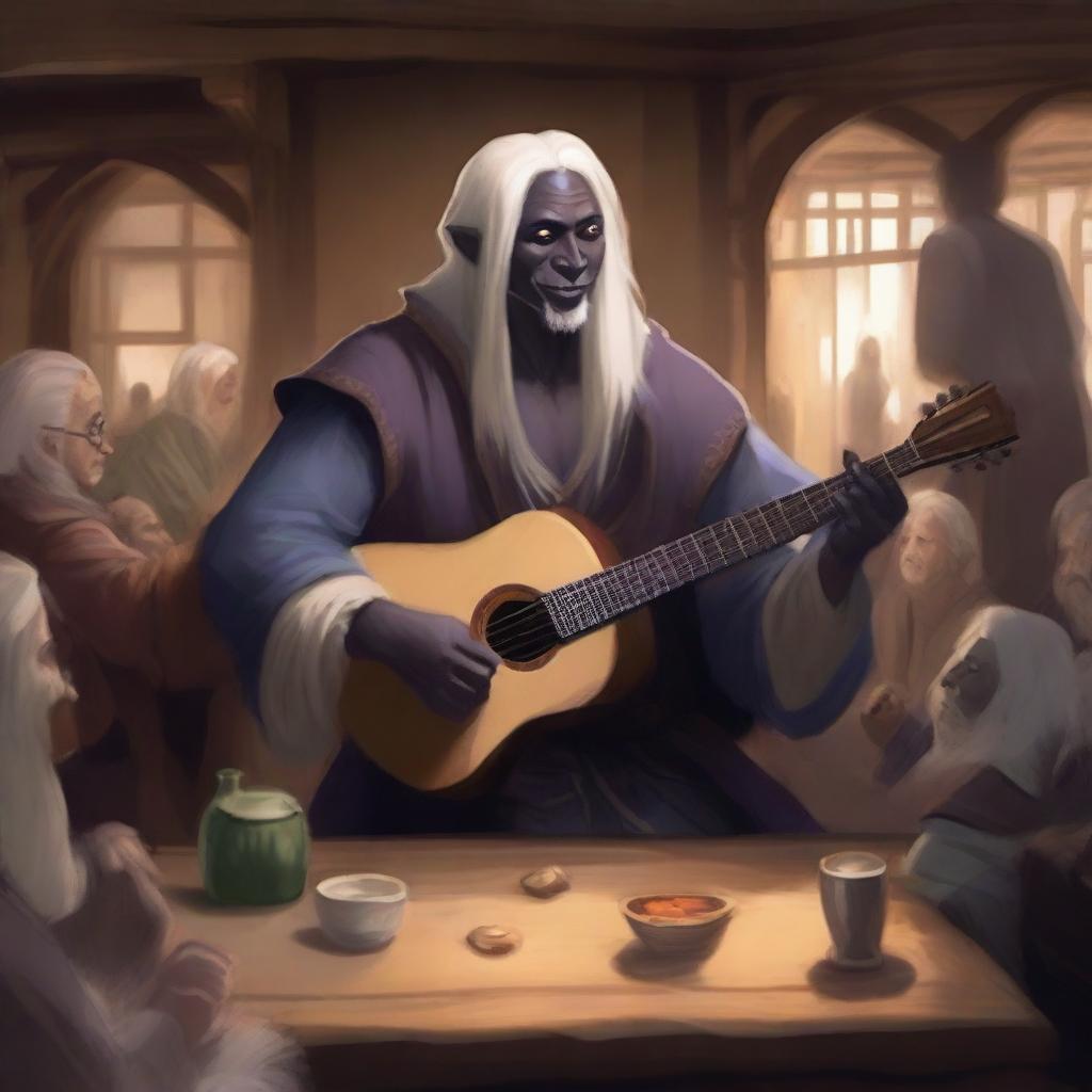 A Drow with long, collected white hair, playing a lute in a lively tavern