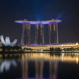 Singapore envisaged with an electropunk influence, where the skyline is ablaze with neon lights, iconic structures like Marina Bay Sands pulsate with vibrant energy, and the clean streets carry an undercurrent of electric vitality.