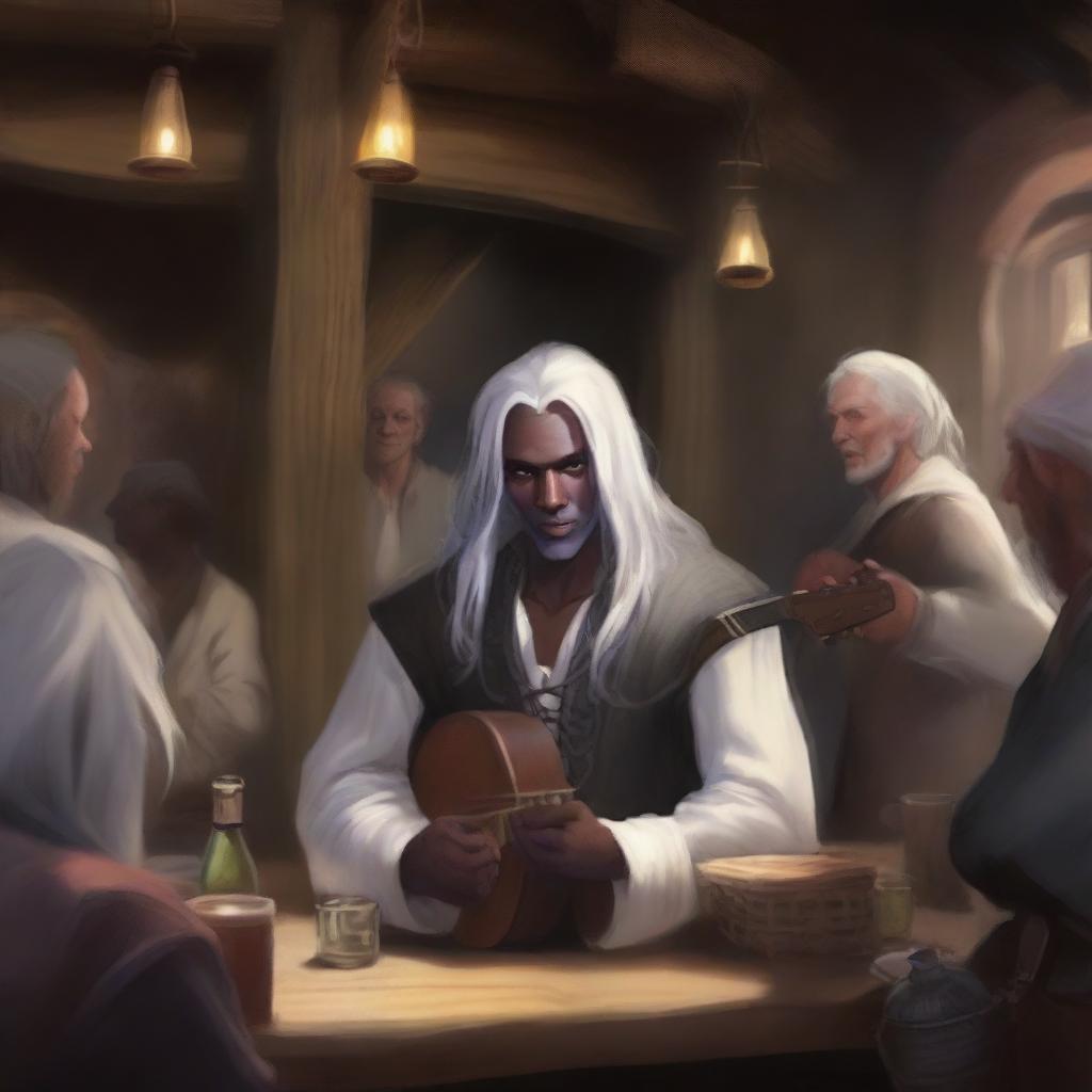 A Drow with long, collected white hair, playing a lute in a lively tavern