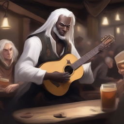 A Drow with long, collected white hair, playing a lute in a lively tavern