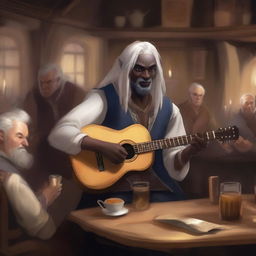 A Drow with long, collected white hair, playing a lute in a lively tavern