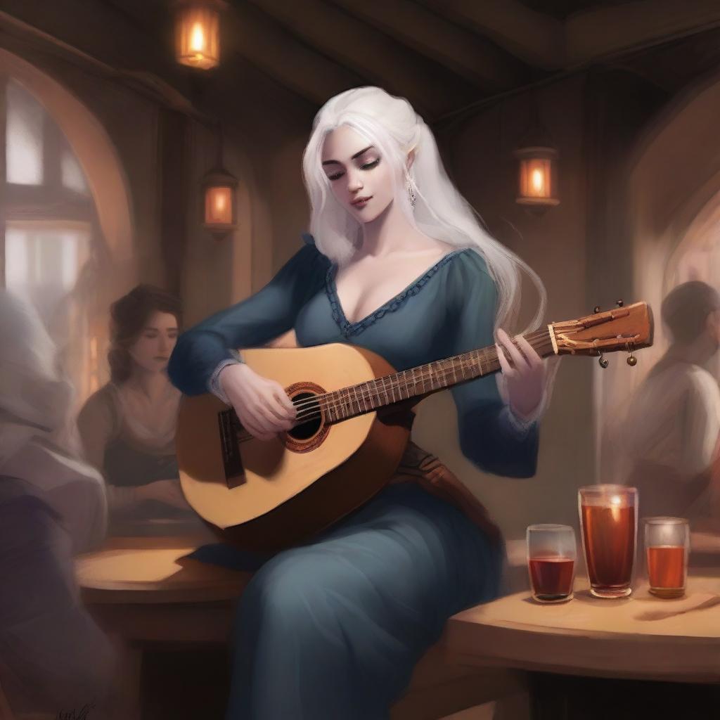 A female Drow with long, collected white hair, playing a lute in a lively tavern