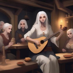 A female Drow with long, collected white hair, playing a lute in a lively tavern