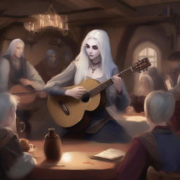 A female Drow with long, collected white hair, playing a lute in a lively tavern