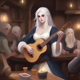 A female Drow with long, collected white hair, playing a lute in a lively tavern