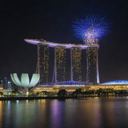 Singapore envisaged with an electropunk influence, where the skyline is ablaze with neon lights, iconic structures like Marina Bay Sands pulsate with vibrant energy, and the clean streets carry an undercurrent of electric vitality.