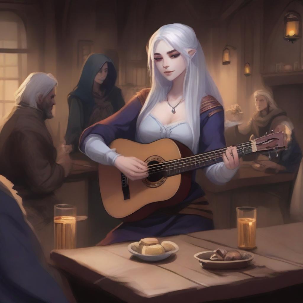 A female Drow with long, collected white hair, light gray skin, and leather bard attire, playing a lute in a lively tavern