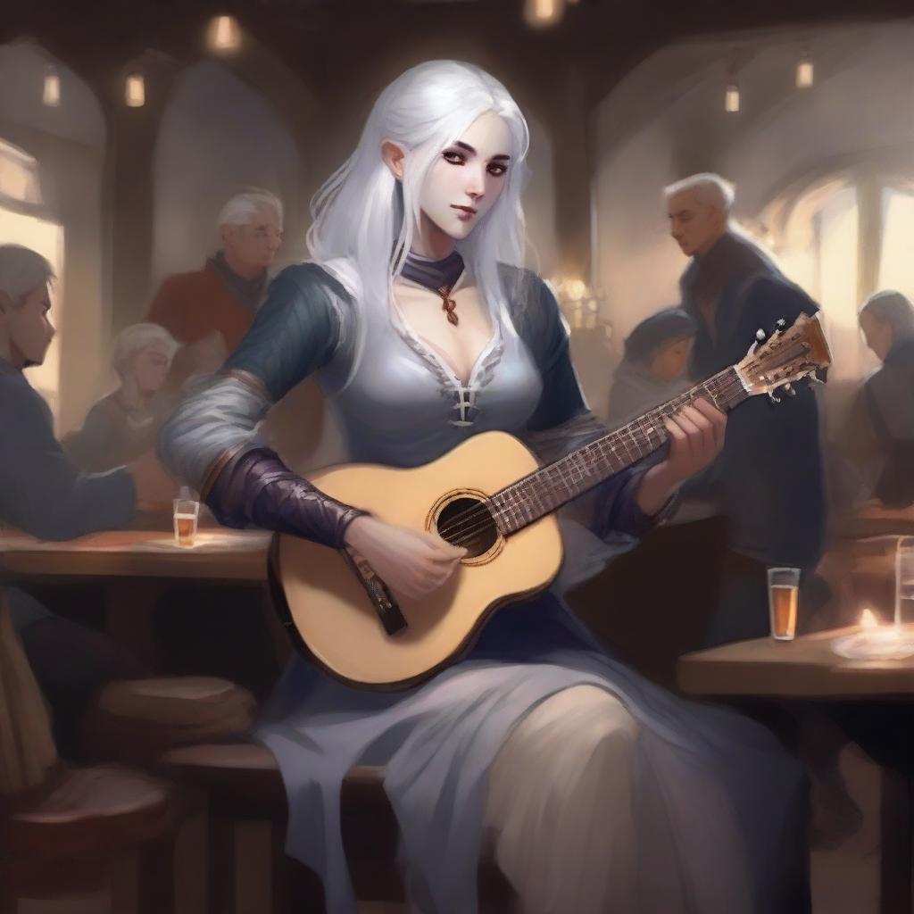 A female Drow with long, collected white hair, light gray skin, and leather bard attire, playing a lute in a lively tavern