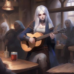 A female Drow with long, collected white hair, light gray skin, and leather bard attire, playing a lute in a lively tavern