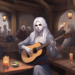 A female Drow with long, collected white hair, light gray skin, and leather bard attire, playing a lute in a lively tavern