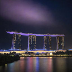 Singapore envisaged with an electropunk influence, where the skyline is ablaze with neon lights, iconic structures like Marina Bay Sands pulsate with vibrant energy, and the clean streets carry an undercurrent of electric vitality.