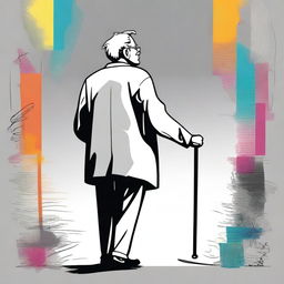 A black and white drawing of a vivid elderly man, seen from behind, leaning on a walking stick, with grey hair