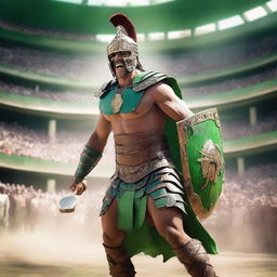 A powerful gladiator dressed in traditional armor, standing in an arena filled with cheering crowds