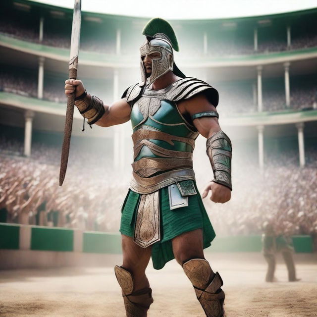 A powerful gladiator dressed in traditional armor, standing in an arena filled with cheering crowds