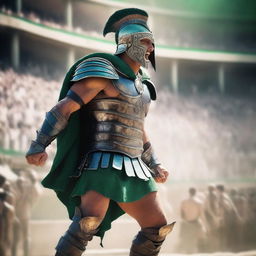 A powerful gladiator dressed in traditional armor, standing in an arena filled with cheering crowds