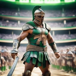 A powerful gladiator dressed in traditional armor, standing in an arena filled with cheering crowds